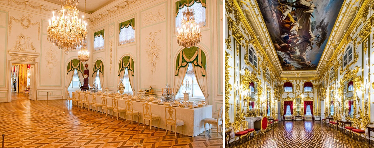 white dining room at the grand palace in peterhof horz